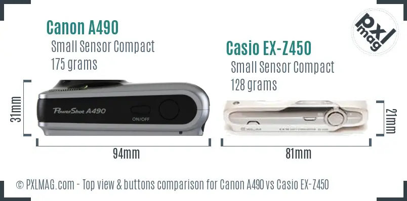 Canon A490 vs Casio EX-Z450 top view buttons comparison
