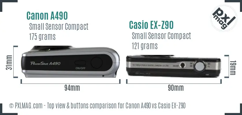 Canon A490 vs Casio EX-Z90 top view buttons comparison