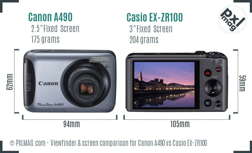 Canon A490 vs Casio EX-ZR100 Screen and Viewfinder comparison