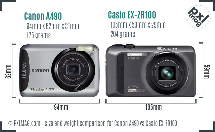 Canon A490 vs Casio EX-ZR100 size comparison