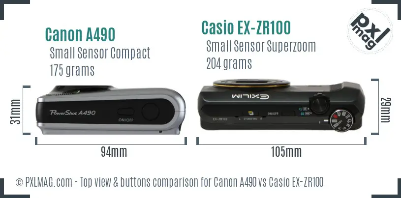 Canon A490 vs Casio EX-ZR100 top view buttons comparison