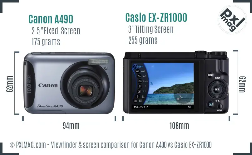 Canon A490 vs Casio EX-ZR1000 Screen and Viewfinder comparison