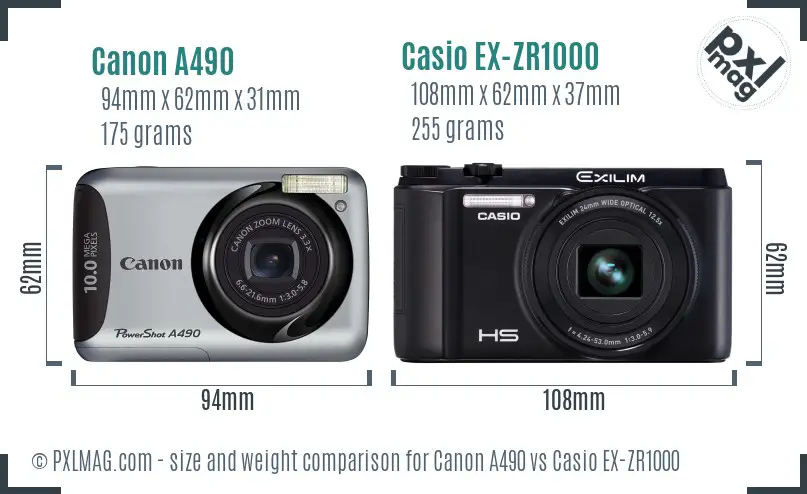 Canon A490 vs Casio EX-ZR1000 size comparison