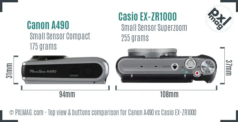 Canon A490 vs Casio EX-ZR1000 top view buttons comparison