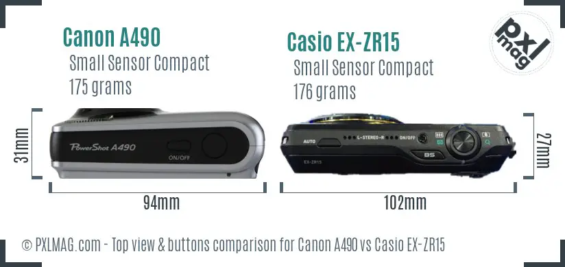 Canon A490 vs Casio EX-ZR15 top view buttons comparison Canon A490 vs Casio EX-ZR15 top view buttons comparison