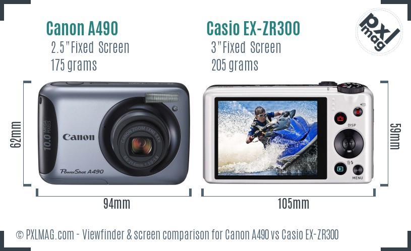 Canon A490 vs Casio EX-ZR300 Screen and Viewfinder comparison