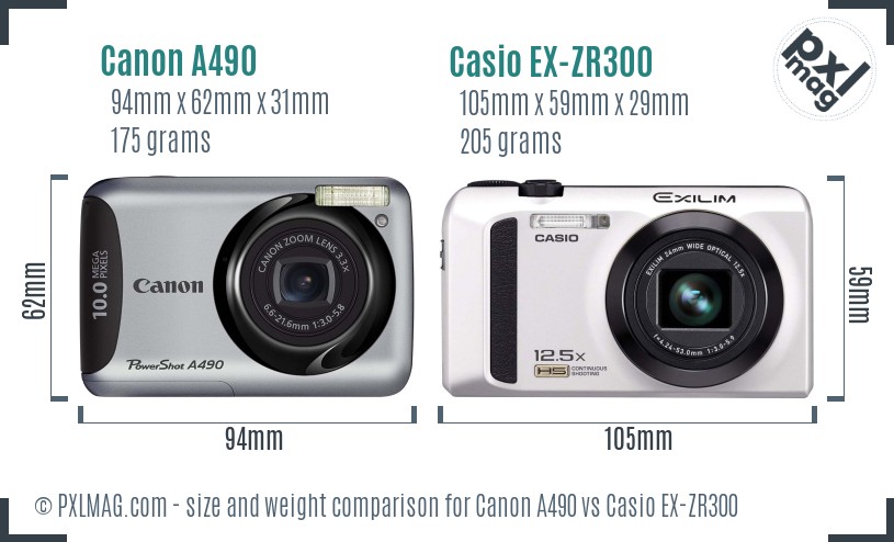 Canon A490 vs Casio EX-ZR300 size comparison