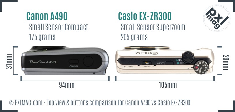 Canon A490 vs Casio EX-ZR300 top view buttons comparison