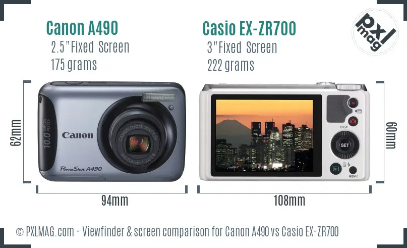 Canon A490 vs Casio EX-ZR700 Screen and Viewfinder comparison