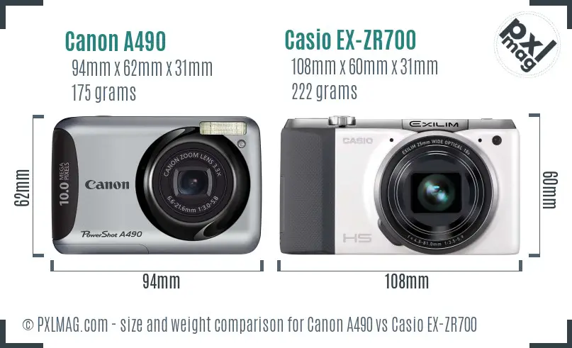 Canon A490 vs Casio EX-ZR700 size comparison