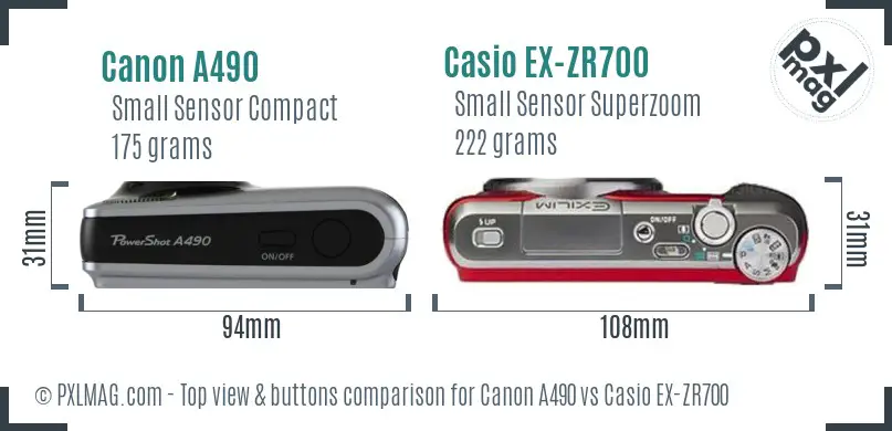 Canon A490 vs Casio EX-ZR700 top view buttons comparison