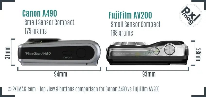 Canon A490 vs FujiFilm AV200 top view buttons comparison