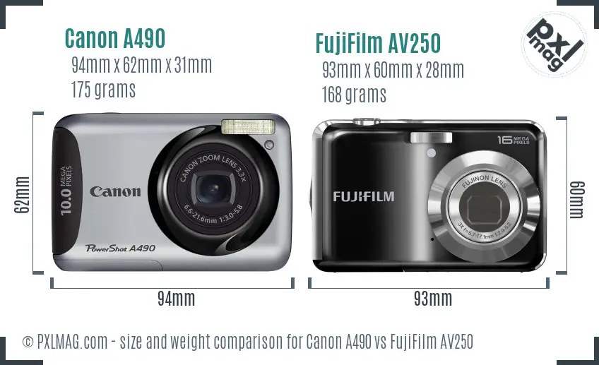 Canon A490 vs FujiFilm AV250 size comparison
