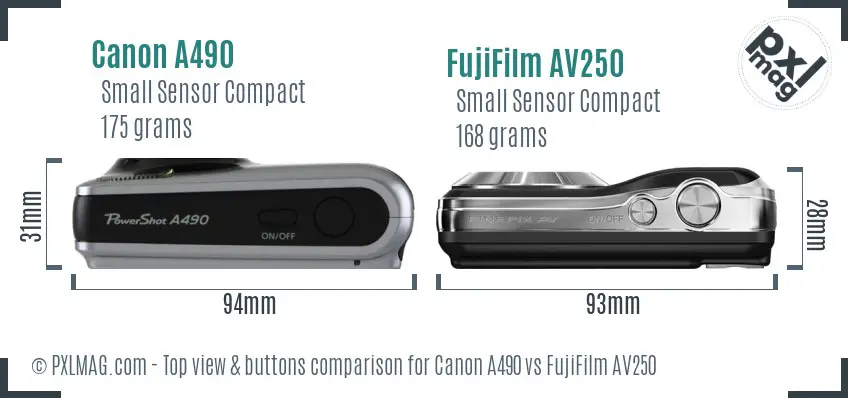 Canon A490 vs FujiFilm AV250 top view buttons comparison