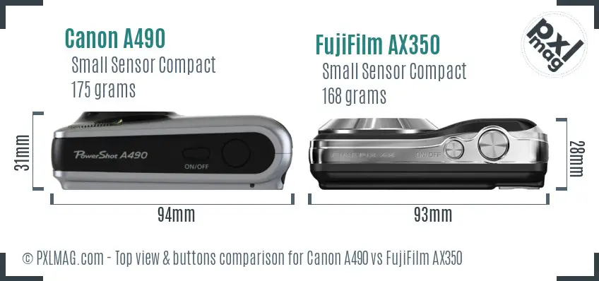 Canon A490 vs FujiFilm AX350 top view buttons comparison