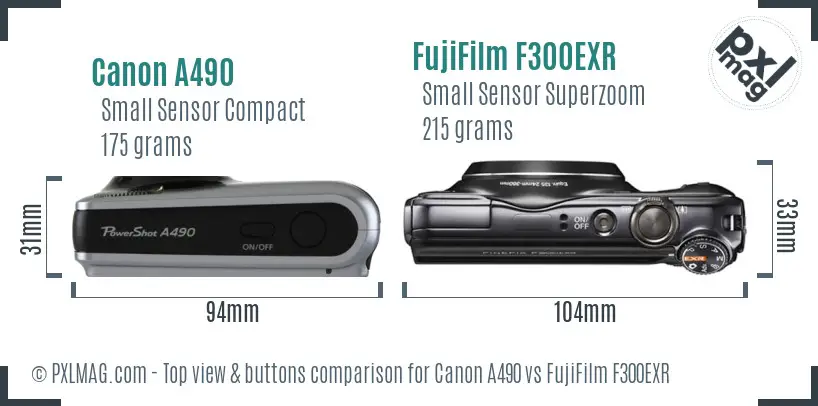 Canon A490 vs FujiFilm F300EXR top view buttons comparison