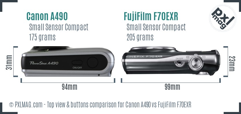 Canon A490 vs FujiFilm F70EXR top view buttons comparison