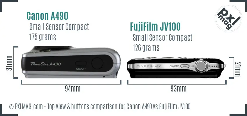 Canon A490 vs FujiFilm JV100 top view buttons comparison