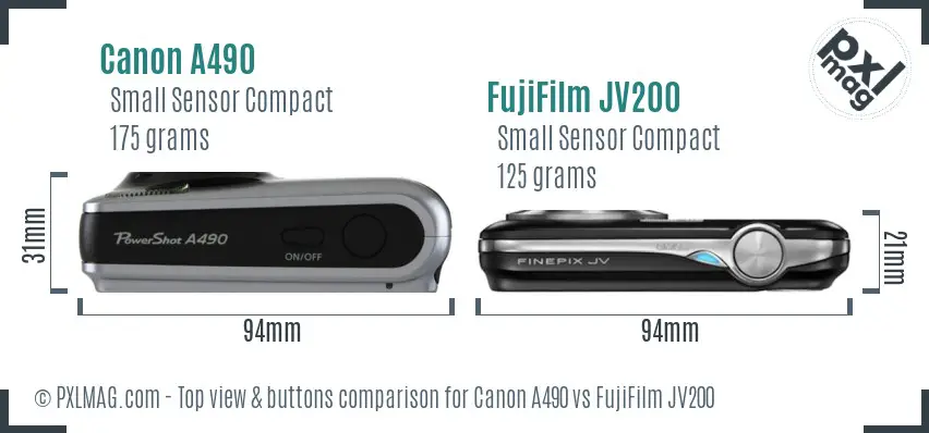 Canon A490 vs FujiFilm JV200 top view buttons comparison