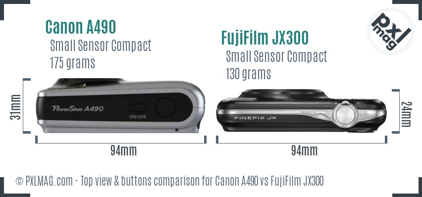 Canon A490 vs FujiFilm JX300 top view buttons comparison