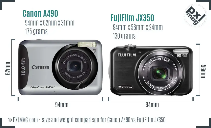 Canon A490 vs FujiFilm JX350 size comparison