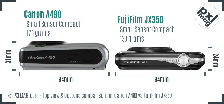 Canon A490 vs FujiFilm JX350 top view buttons comparison