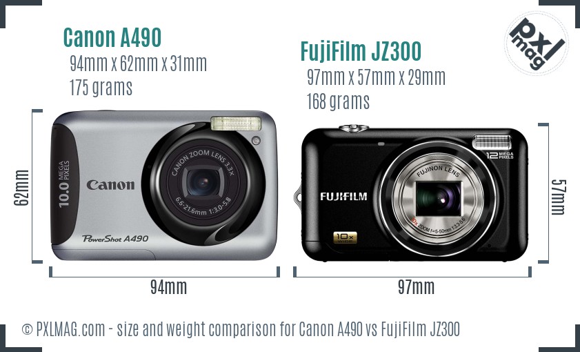 Canon A490 vs FujiFilm JZ300 size comparison