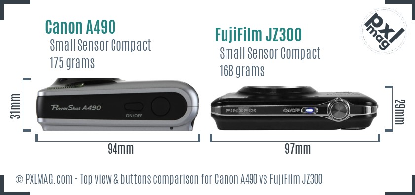 Canon A490 vs FujiFilm JZ300 top view buttons comparison