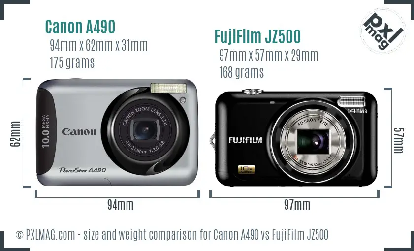 Canon A490 vs FujiFilm JZ500 size comparison