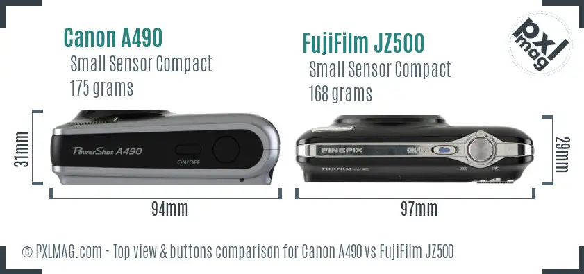 Canon A490 vs FujiFilm JZ500 top view buttons comparison