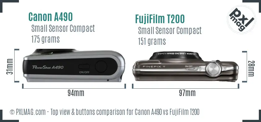 Canon A490 vs FujiFilm T200 top view buttons comparison