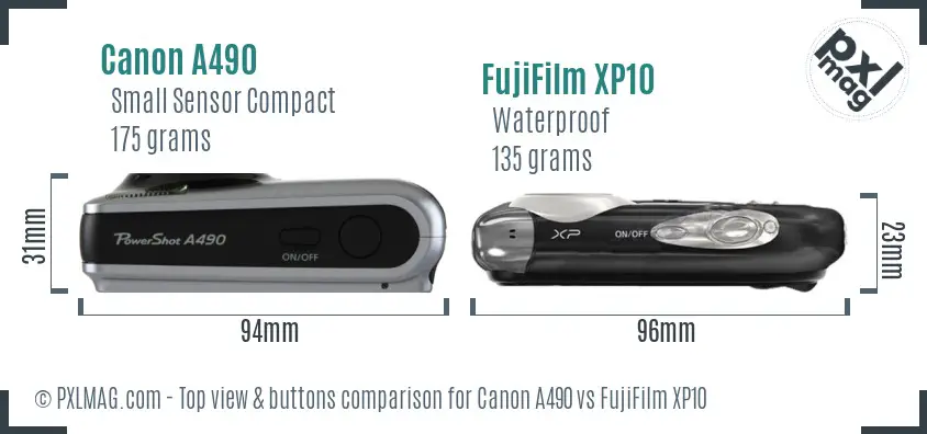 Canon A490 vs FujiFilm XP10 top view buttons comparison Canon A490 vs FujiFilm XP10 top view buttons comparison