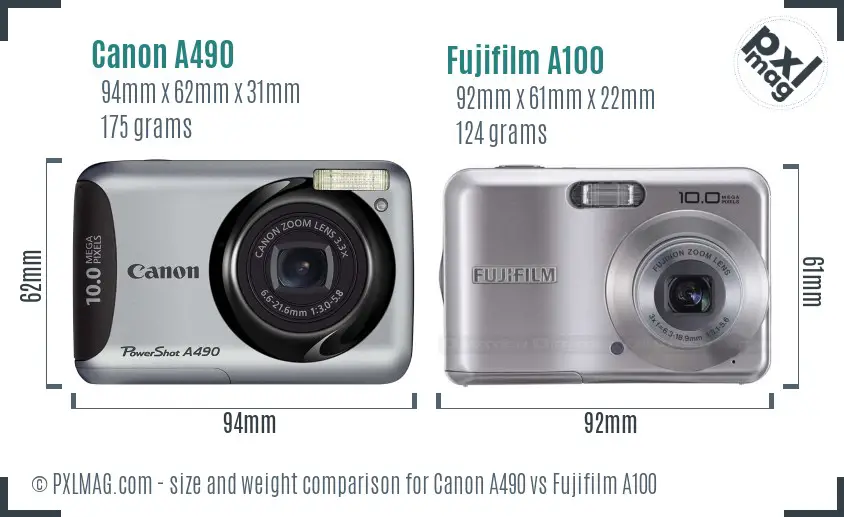 Canon A490 vs Fujifilm A100 size comparison