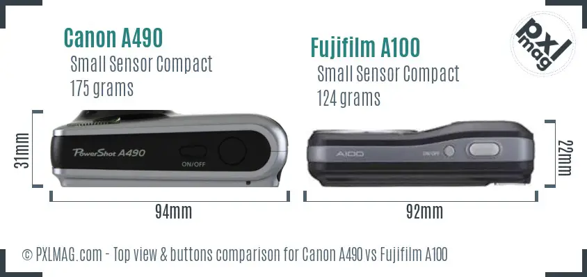 Canon A490 vs Fujifilm A100 top view buttons comparison