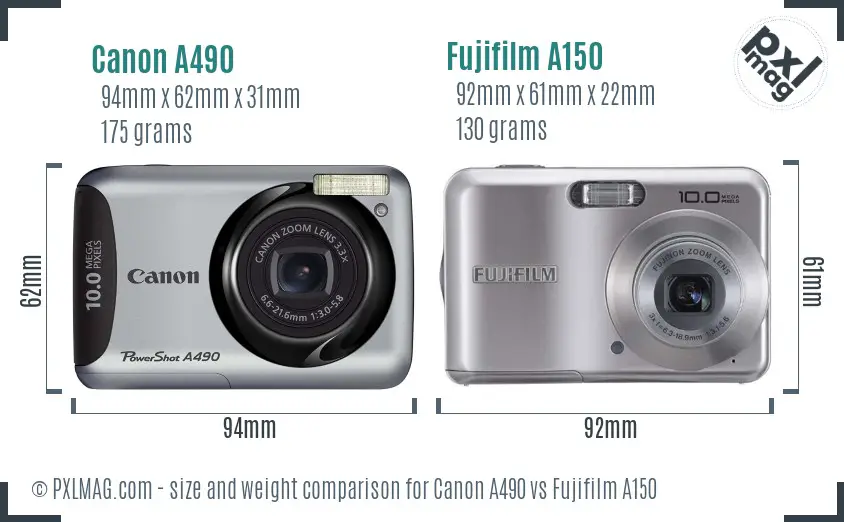 Canon A490 vs Fujifilm A150 size comparison