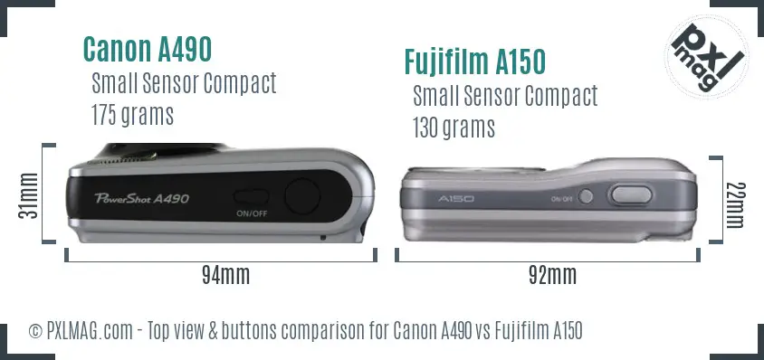 Canon A490 vs Fujifilm A150 top view buttons comparison