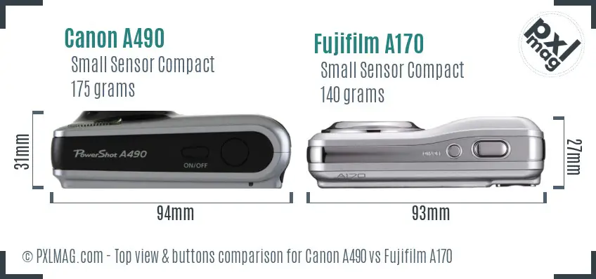 Canon A490 vs Fujifilm A170 top view buttons comparison Canon A490 vs Fujifilm A170 top view buttons comparison