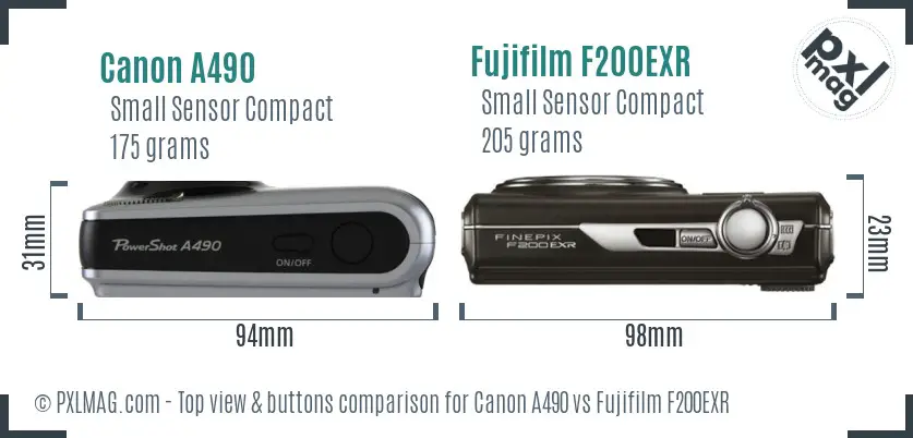 Canon A490 vs Fujifilm F200EXR top view buttons comparison