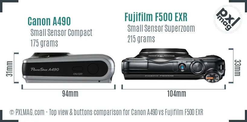 Canon A490 vs Fujifilm F500 EXR top view buttons comparison Canon A490 vs Fujifilm F500 EXR top view buttons comparison