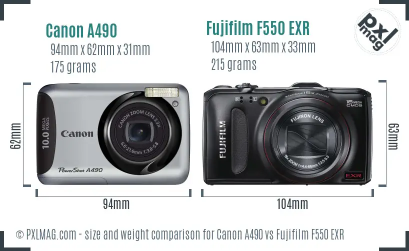 Canon A490 vs Fujifilm F550 EXR size comparison