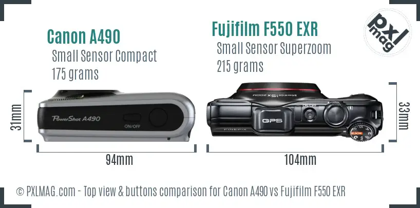 Canon A490 vs Fujifilm F550 EXR top view buttons comparison