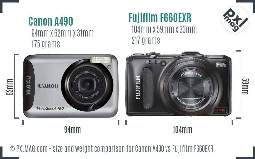 Canon A490 vs Fujifilm F660EXR size comparison