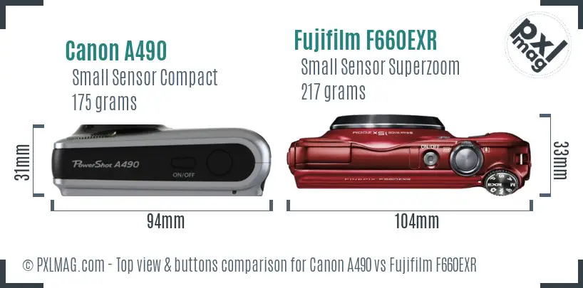 Canon A490 vs Fujifilm F660EXR top view buttons comparison
