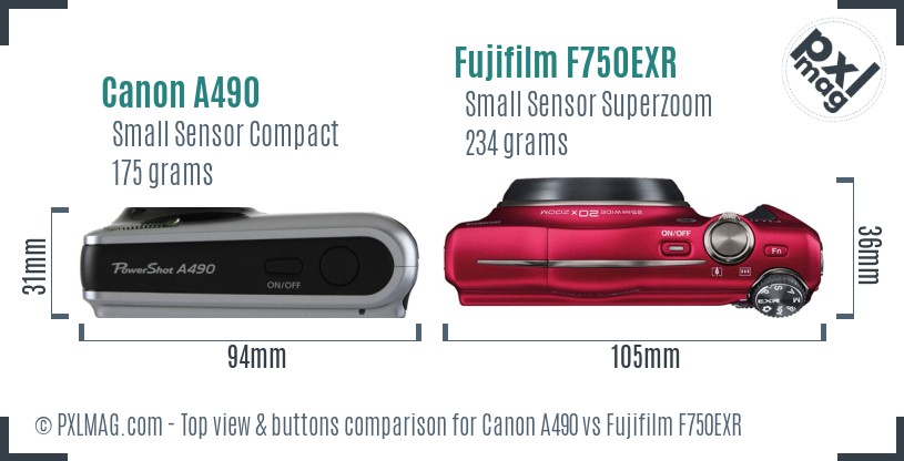 Canon A490 vs Fujifilm F750EXR top view buttons comparison