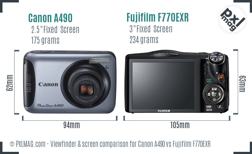 Canon A490 vs Fujifilm F770EXR Screen and Viewfinder comparison