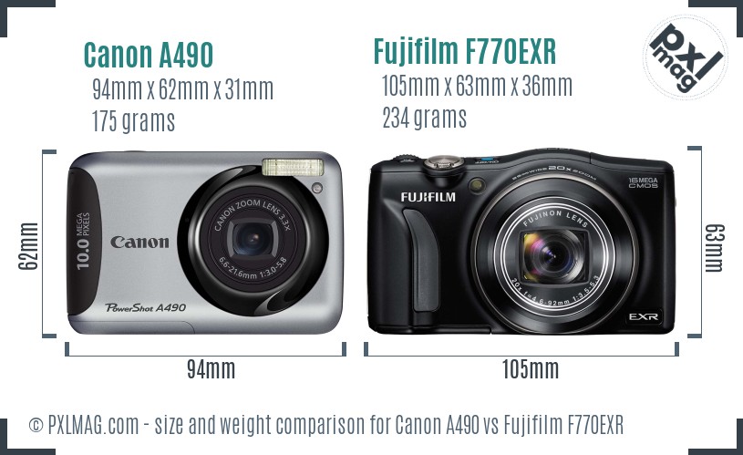 Canon A490 vs Fujifilm F770EXR size comparison