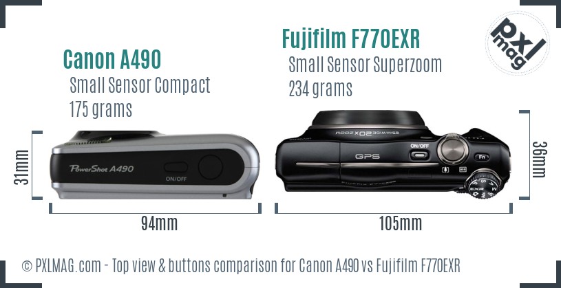Canon A490 vs Fujifilm F770EXR top view buttons comparison