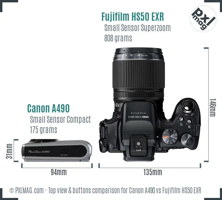 Canon A490 vs Fujifilm HS50 EXR top view buttons comparison Canon A490 vs Fujifilm HS50 EXR top view buttons comparison