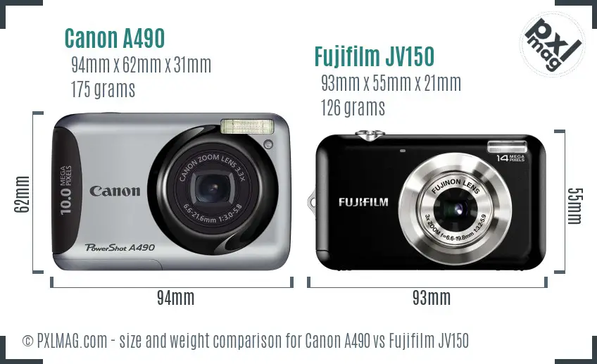 Canon A490 vs Fujifilm JV150 size comparison
