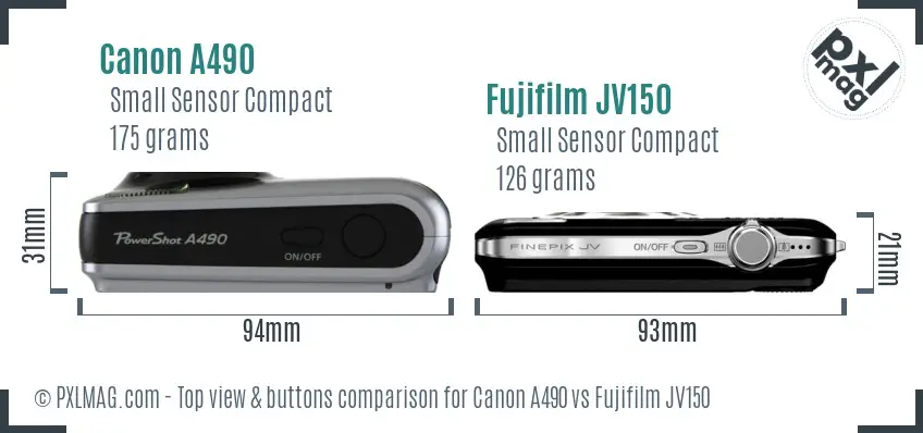 Canon A490 vs Fujifilm JV150 top view buttons comparison
